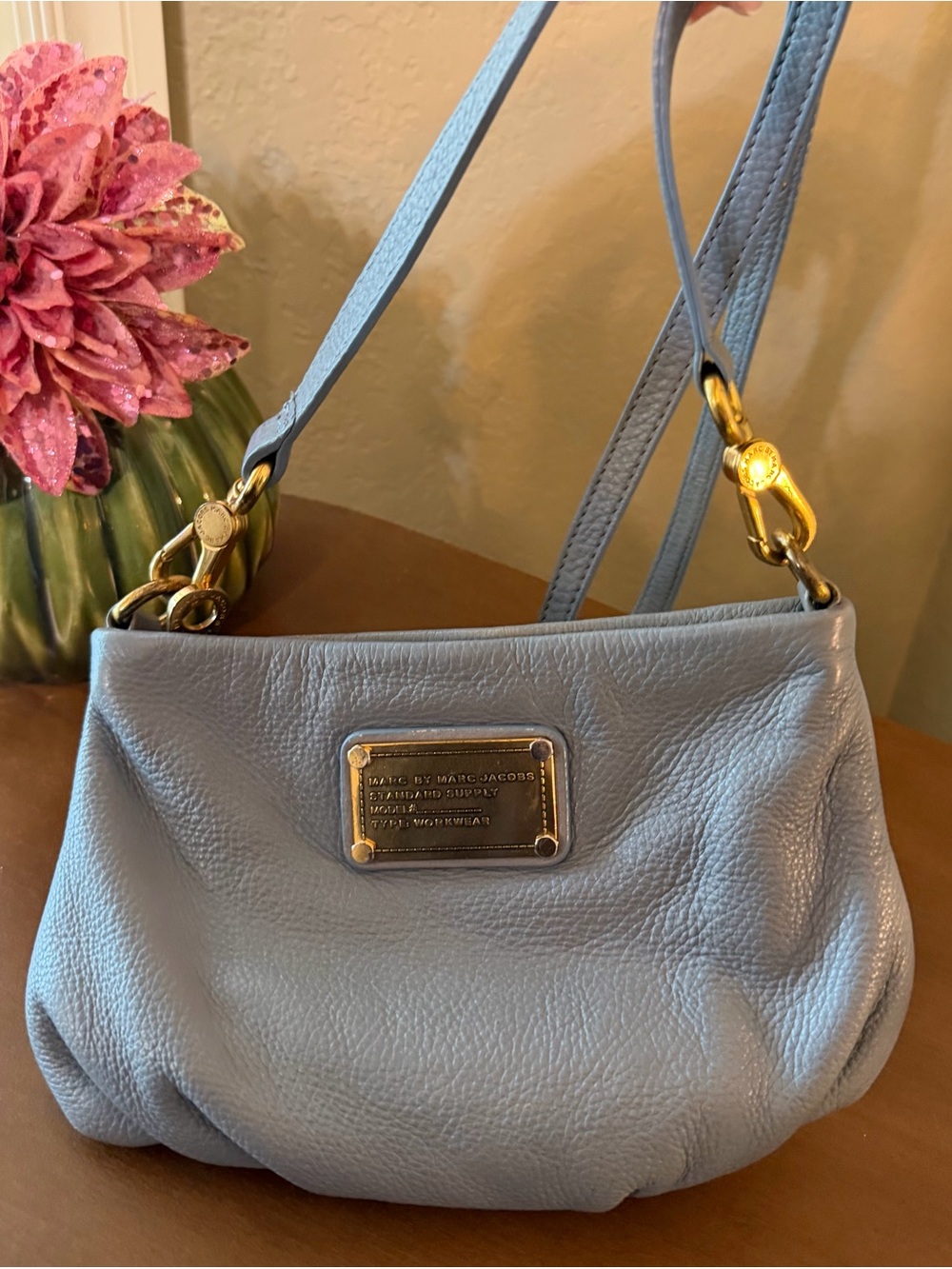 Marc By Marc Jacobs Powder Blue Pebbled Leather Crossbody with Gold Hardware
